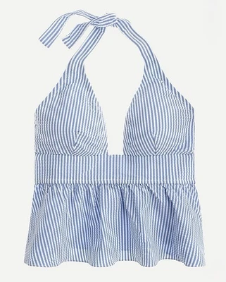 J. Crew Swimsuit Halter Top Only Peplum Seersucker Blue White Women’s Large NEW - Image 1 of 4