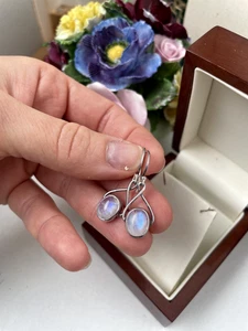 GORGEOUS VINTAGE MODERNIST 925 SOLID STERLING SILVER MOONSTONE DROP EARRINGS - Picture 1 of 13