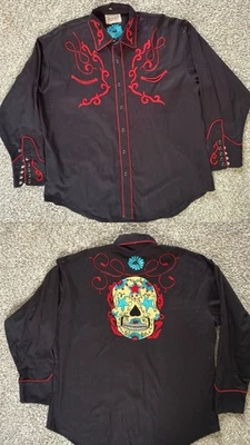 Vintage Black Rockmount Ranch Wear Colorful Embroidered Skull Mens XL Western - Image 1 of 4