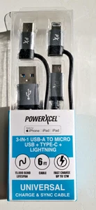 Powerxcel 3-in-1 USB-A micro USB Type-C universal charge & sync cable - Picture 1 of 3