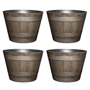 Whiskey Plastic Resin Flower Pot Barrel Planter, Oak Brown, 20.5" (4 Pack) - Picture 1 of 2