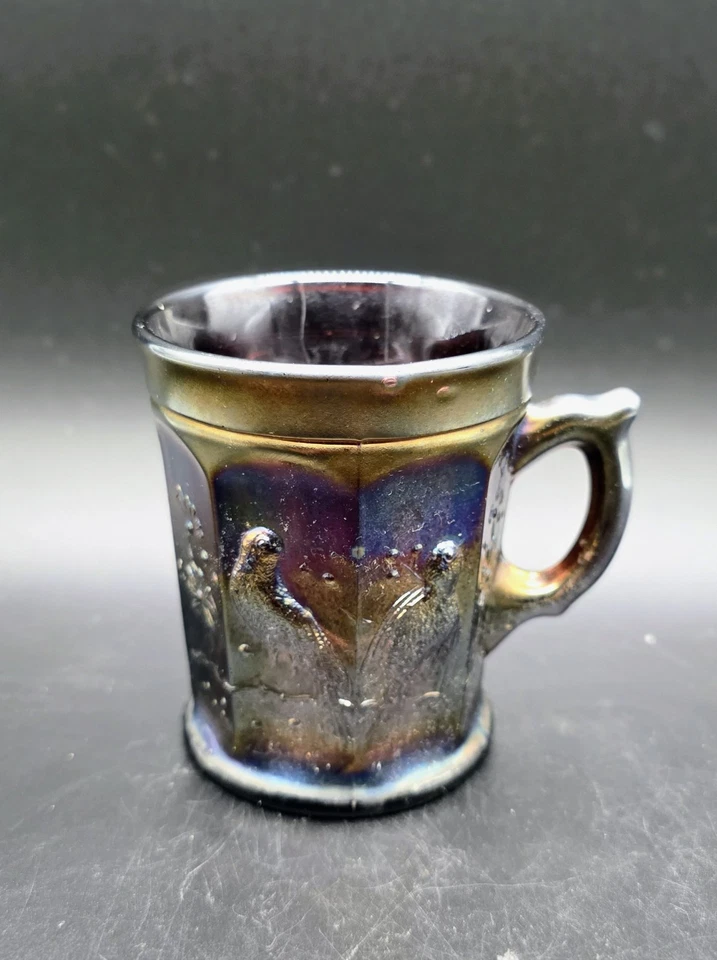 Antique Northwood Carnival Glass Singing Birds Amethyst Purple Mug Iridescent - Image 1 of 4