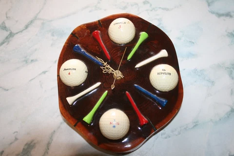 Wood Wall Clock made with 4 Golf Balls and 8 colored Tees Cover