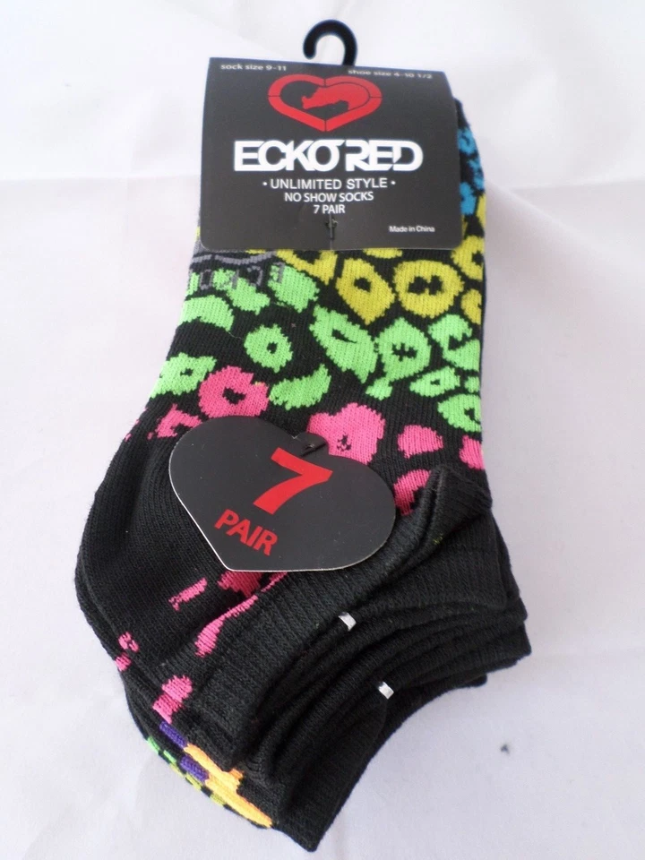 7 Pair Ecko Red No Show Socks Blue Black Pink Stripe Yellow 4-10 1/2