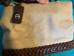 Etienne Aigner Handtasche Vintage braun veganes Leder Webmuster hellbraun Canvas Purse klein - Bild 1 von 13