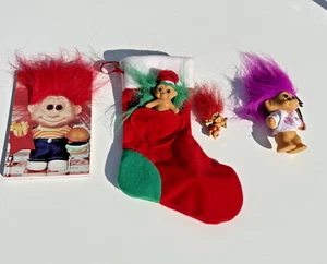 Vintage Russ Troll Toys EUC 2 Dolls 1 Stocking w/Doll Notepad Lapel Pin READ 5PC - Picture 1 of 13
