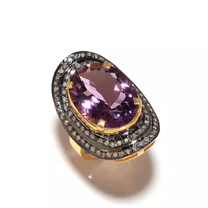 Solid 925 Sterling Silver Trendy Modern Amethyst Diamond Ring Jewelry - Picture 1 of 1