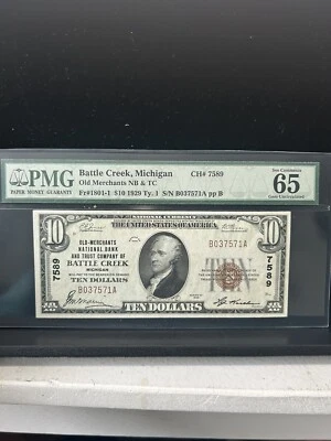 SASA 1929 Old Merchants Bank Battle Creek Michigan $10 Pmg Gem Unc 65 Epq - Image 1 of 2