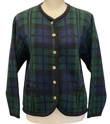 Cárdigan Suéter Vintage Tally Ho Tartán Azul Verde A Cuadros-Mujer Pequeño-Acrílico Foto 1 de 4