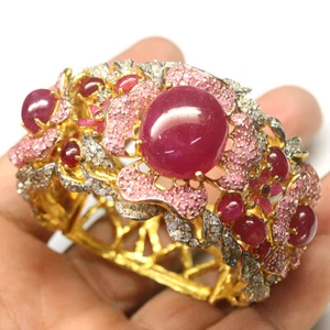 Gemstone Red Ruby, Sapphire & Zircon Bangle Cross 2" x 2" 925 Silver 18K Gold - Picture 1 of 4