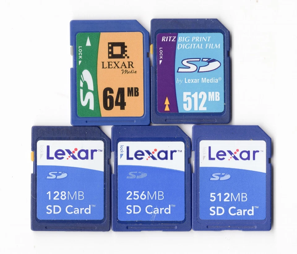 Lot Of 5x Lexar 64MB / 128MB / 256MB / 512MB MEGABYTE SD Camera Memory Cards - Image 1 of 1