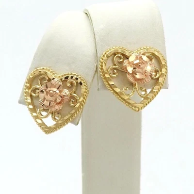 14k Two Tone Gold Rose Flower Diamond Cut Heart Stud Earrings New - Image 1 of 4
