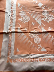 Vintage Peach Linen Tablecloth ~ Flowers ~ 50"x56" Good Condition, No Stains - Picture 1 of 4