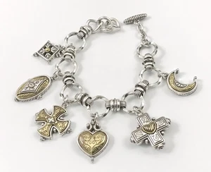 Brighton Silver & Gold Cross Heart Moon Charm Toggle Bracelet 7.5 In. #671 - Picture 1 of 5