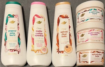 Dove Holiday Treats 3x Body Wash 3x Scrub Peppermint Sugar Cookie Chai Latte - Image 1 of 2
