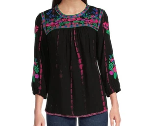 Calessa Embroidered Tie-Dye Patchwork Print Crew Neck 3/4 Sleeve Tunic - Small - Picture 1 of 14