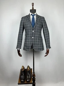 Blazer Tombolini uomo grigio rosa check lino toppa gomito mezza fodera taglia US 38 - Foto 1 di 17