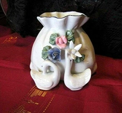 Vintage ceramic porcelain vase hand painted ceramic swan rose flower design pot. - image 1 of 4