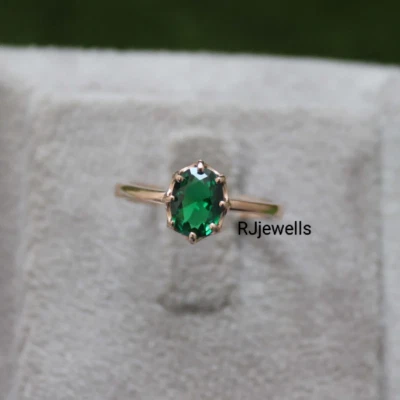 Emerald Oval Ring Rose Gold Plated 925 Silver Lab Created Stone Minimalist Ring - Image 1 of 4