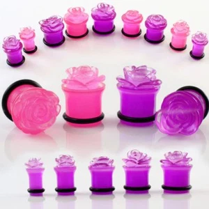 Paar rosa Acryl geschnitzte Rose Blume Stecker Ohr Messgeräte 2G 0G 00G 7/16" 1/2" - Bild 1 von 1