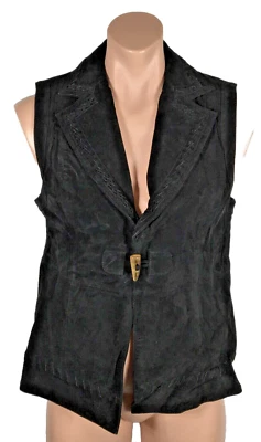 Chaleco Peter Nygard Toggle Negro Gamuza Cuero Genuino Western Petite PL Grande Foto 1 de 4