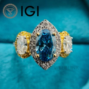 1.51 Ct Fancy Vivid Blue Oval CVD Lab Grown Diamond 14K Gold Wedding Ring US-7 - Picture 1 of 18