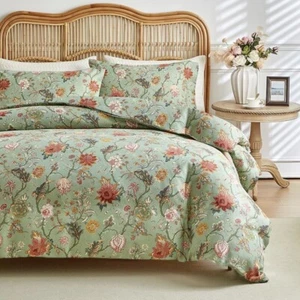 NEW Anthropologie Green Floral Queen Size Boho Duvet Bedding Sham Case Set - Picture 1 of 9