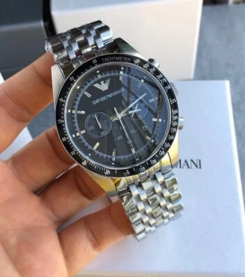 NEW GENUINE EMPORIO ARMANI MEN'S WATCH TAZIO AR5988 SILVER TONE & BLACK DIAL UK - Image 1 of 4