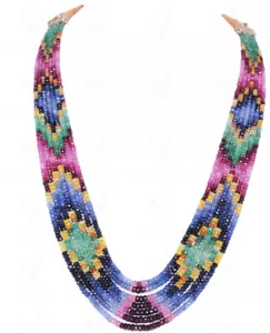 7 Layers Of Ruby Emerald Blue Sapphire Faceted Beads Necklace - Picture 1 of 2