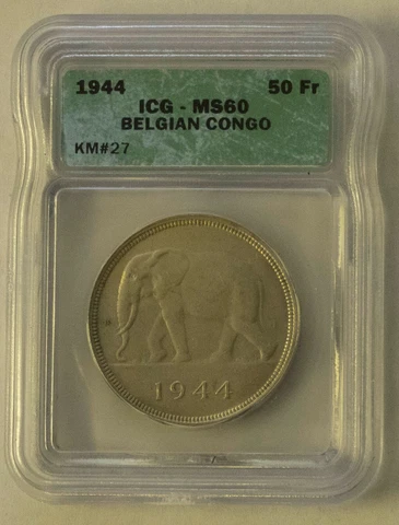 MS 60 SLAB BELGIAN CONGO SILVER AFRICAN ELEPHANT 50 FRANCS COIN of 1944 KM # 27 Cover