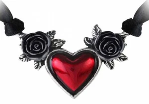 Alchemy Gothic 'Blood Heart' Red Enamel Pewter Heart & Black Rose Satin Necklace - Picture 1 of 5
