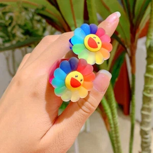 Cute Rainbow Sunflower Ring Retro Resin Square Accessory Colorful Floral Jewelry - Picture 1 of 17