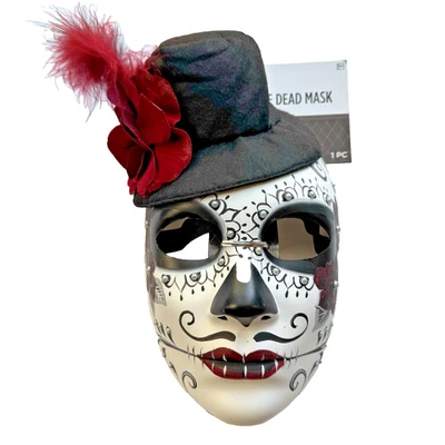 Men's Full Face Skull Day of the Dead Halloween Mask Black Red Feather Hat - Image 1 of 4