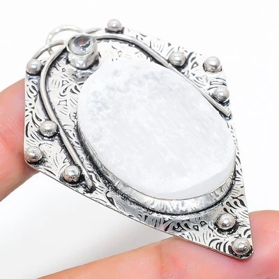 Selenite, pietra preziosa topazio bianco 925 ciondolo gioiello in argento ste... - Immagine 1 di 4