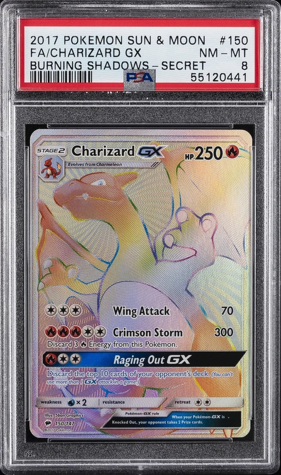 2017 POKEMON SUN & MOON BURNING SHADOWS SECRET #150 FULL ART/CHARIZARD GX PSA 8 - Image 1 of 2