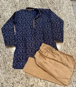 Boys Indian Clothing Pro-Ethic Navy Tan Silk Cotton Kurta Pajama Set Size 12 - Picture 1 of 7