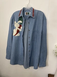 Woman’s M L Denim Shirt Appliqué Carrots Bunny Long Sleeve Cotton - Picture 1 of 5