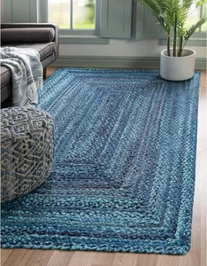 Handmade Chindi Mix Braided Rug Carpet Rectangular Blue Multi Eco-Friendly Rug - Picture 1 of 11