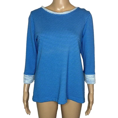 Sudadera para mujer XS Fresh Produce azul a rayas rizo algodón cuello redondo Foto 1 de 4