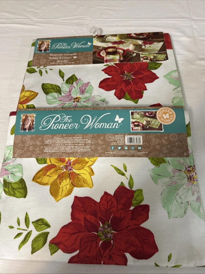 Pioneer Woman Watercolor Poinsettia Christmas Table Runner - 14x72
