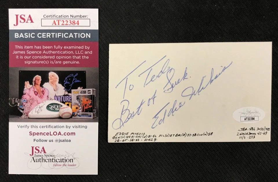 Eddie Miksis Signed 3x5 Index Card JSA (Personal.) AUTO MLB Dodgers/Cubs NICE! - Image 1 of 4