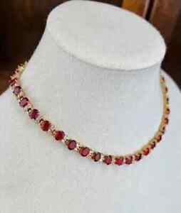 Women's 18Ct Oval Simulated Red Ruby Tennis Necklace 14K Yellow Gold Plated