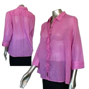 Pink Career Ruffle Button Up Blouse by Classic Elements Sz XL Sheer Summer - Picture 1 of 7