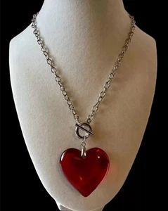 Red Glass Crystal Heart Pendant Charm Necklace Love Necklace Chunky 3D Large - Picture 1 of 16