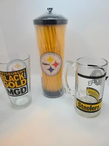 Pittsburgh Steelers NFL 2 Vintage glass cups and NEW sealed straw container. - Picture 1 of 4
