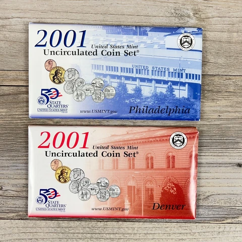 2001 US Mint Uncirculated Coin P & D Sets 2 Envelopes Philadelphia and Denver Cover