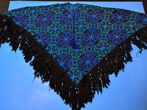 Vintage 1970's Blue & Black Boho Mod Mexican Damask Poncho Jacket - Picture 1 of 10