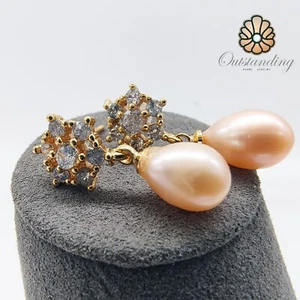 Real 8mm Peachy Seawater Pearl Dangle Drop Earrings 14ct Gold Filled Crystal - Picture 1 of 12