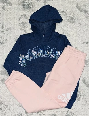 Girls Adidas Blue/Floral Hoodie & Pink Joggers Sz/ Medium (10-12) - Image 1 of 4