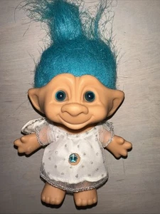 Troll Doll Blue Treasure turquoise Hair Figurine Ace Novelty Co Belly Jewel 1998 - Picture 1 of 4